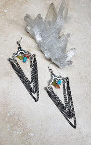 EARRING - Silver chains dangling  earring with chip stones - EAR-453