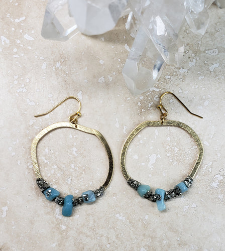 EARRING - Brass hoop dangle earring with Aquamarine stones - EAR-458