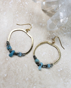 EARRING - Brass hoop dangle earring with Aquamarine stones - EAR-458