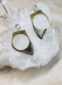 EARRING - Brass uneven Hoop with Emerald and Pyrite stones - EAR-460