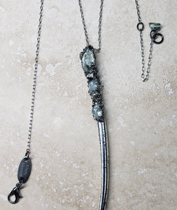 NECKLACE  -  Silver horn long necklace with Aquamarine and Pyrite stones - NEC-1030
