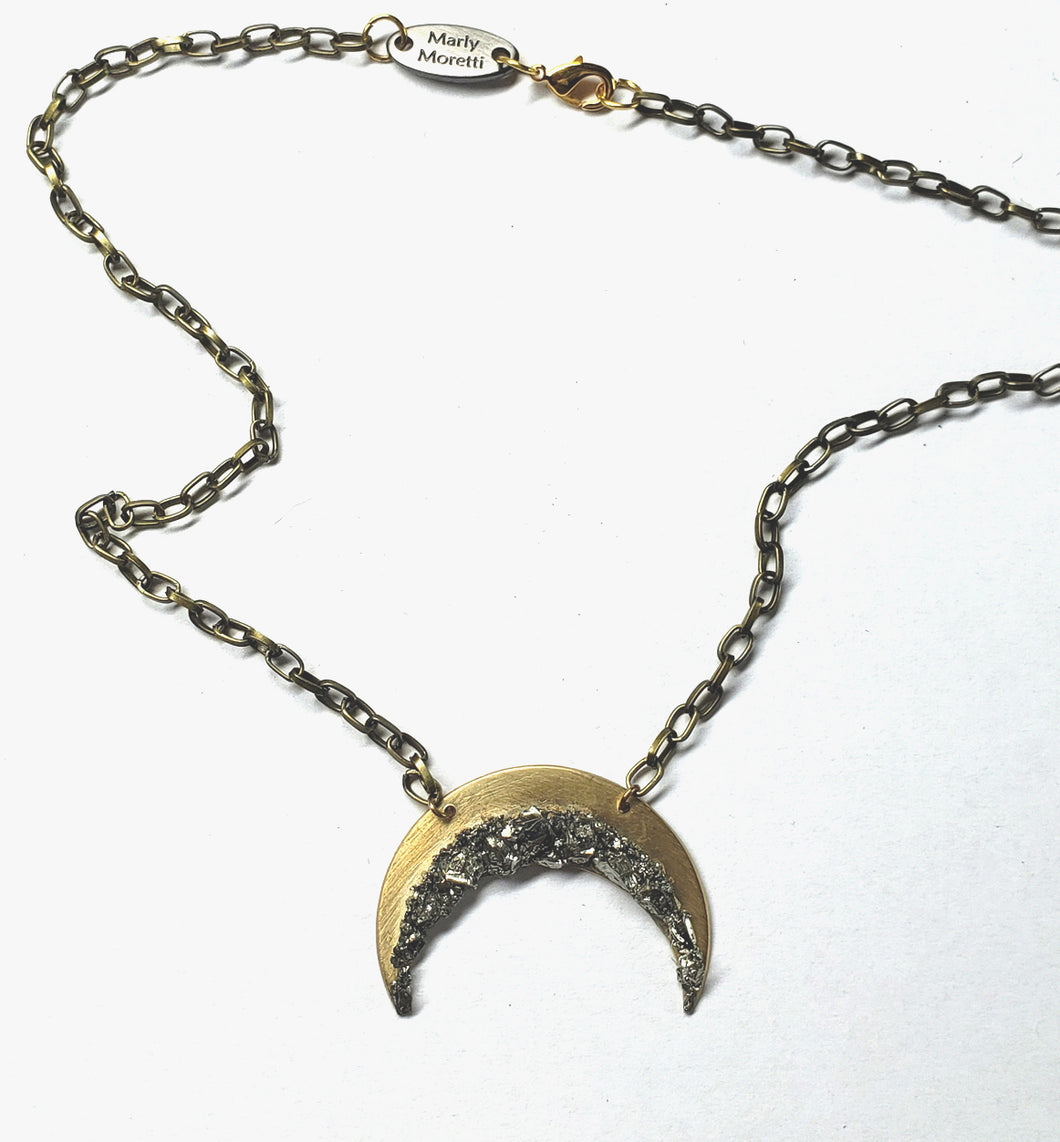 NECKLACE - Brass Crescent Moon,  short necklace with Pyrite stones - NEC-1488