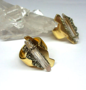 RING - Brass ring with clear Quartz and Pyrite Stones - R-1067